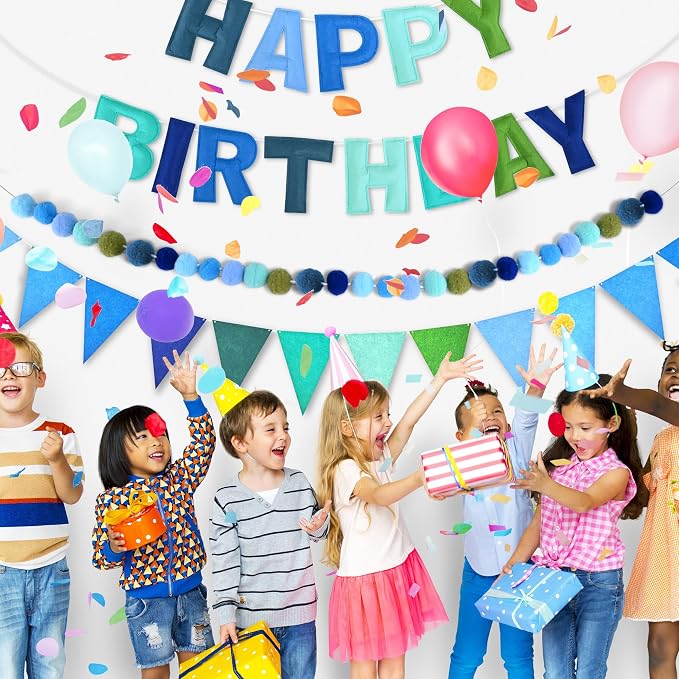 CANREVEL Pre-Strung 3D Rainbow Happy Birthday Banner, 3 PCS Happy Birthday Felt Sign, Pom Pom Garland, Triangle Fabric Bunting, Colorful Reusable Birthday Decorations for Women Men Girls Boys, Blue
