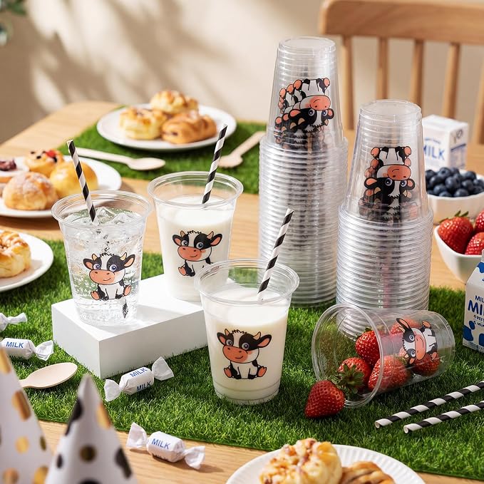Funnymoom 60 Pack Cow Plastic Cups 12 oz Cute Cow Disposable Clear Plastic Drinking Cups for Farm Animal Themed Birthday Wedding Bridal Baby Shower Party Decoration Supplies