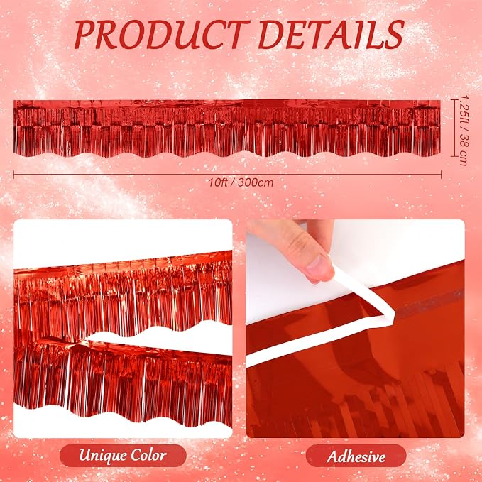 LOLStar Red Foil Fringe Tinsel Garland, Tinsel Streamers Banner, 6 Pack | 60Ft Tinsel Streamers, Shiny Red Wall Hanging Tinsel Fringe Banners for Valentines Day, Parade Float, Christmas Party Decor
