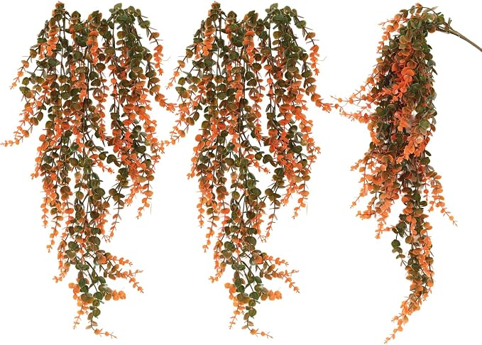 RECUTMS Fake Fall Monkey Plants 31.5" Artificial Hanging Eucalyptus Vine | 3Pcs,Outdoor Artificial Plants UV Resistant,Faux Salmon Leaves Greenery for Fall Indoor Outdoor Porch Yard Home Wedding Decor