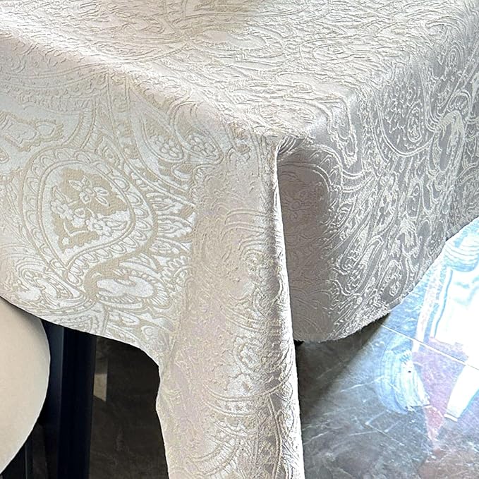 Jacquard Rectangle Tablecloth, Floral Design Thick Kitchen Dining Table Cloth, Waterproof Wrinkle Free Decorative Fabric Table Cover for Outdoor and Indoor, 156x70 Inch Milky White