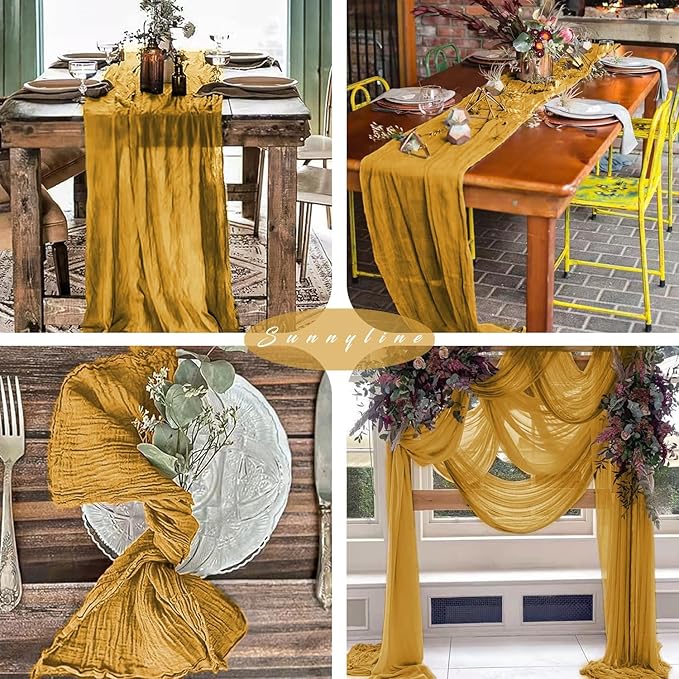 6 Pcs Mustard 35 x 120 Inches Long Cheesecloth Table Runner 10FT Runner for Tables Gauze Fabric Boho Table Runner Decoration Rustic Semi Sheer Runner for Wedding Baby Shower Birthday Party (Mustard)