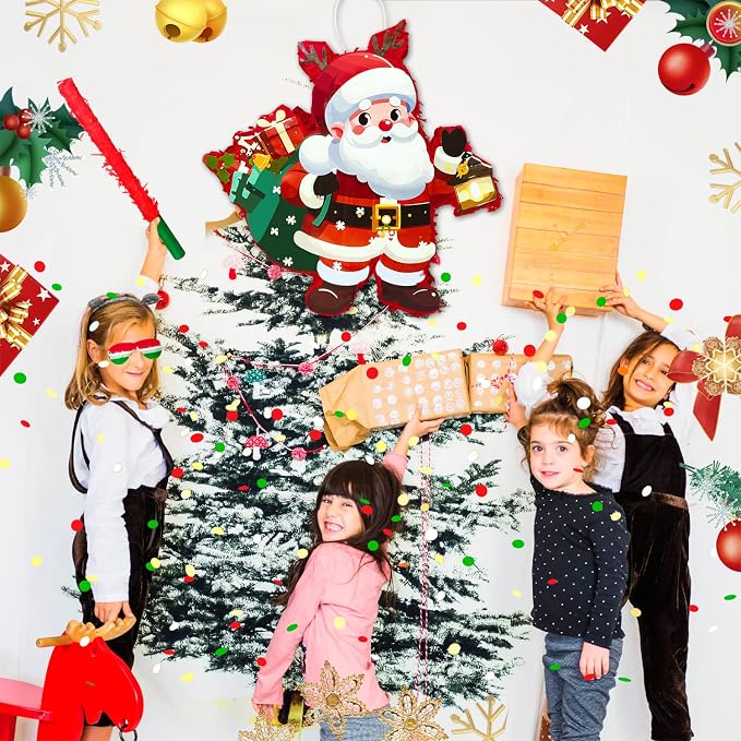 4 in 1 Christmas Santa Claus Piñata, Christmas Piñata Bundle Cute Santa Claus Piñata, Christmas Party Games Stick Blindfold etc Christmas Decorations for Christmas Party Decorations