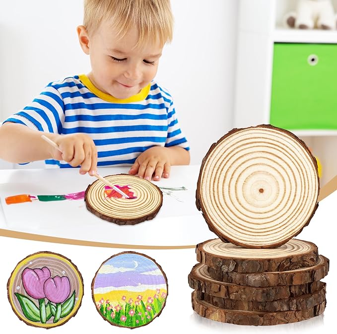 FSWCCK 10 PCS Unfinished Wood Slices for Centerpieces-Round Natural Discs with Tree Bark, Wooden Cookies Circles for Crafts Christmas Ornaments, Rustic Wedding Decor,Table Decoration (4"- 4 .7")