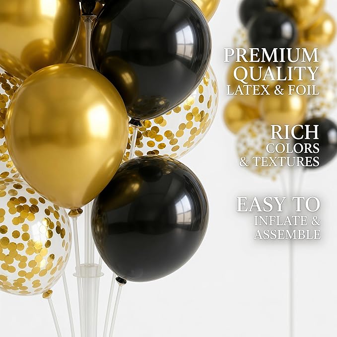 Balloon Column Kit Set of 2 With Confetti Balloons Included - with Base, and Pole,Balloon Tower Backdrop Decoration for Wedding, Baby Shower, Birthday Party, or Bachelorette Parties (Black Gold)