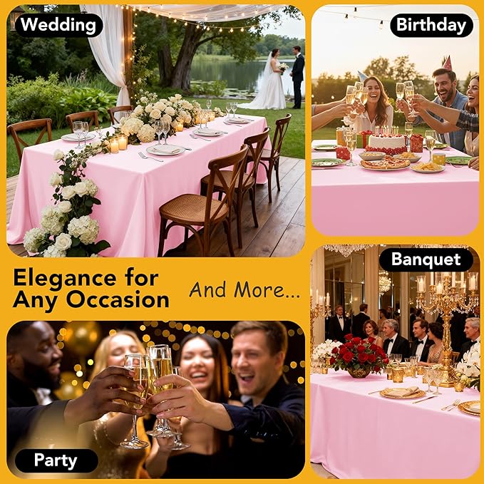 6-Pack Pink Tablecloths for Rectangle Tables, 90 x 132 Inches, Stain-Resistant Polyester Fabric for 8 Foot Tables - Washable Table Covers for Weddings, Banquets, Birthday Parties, Events