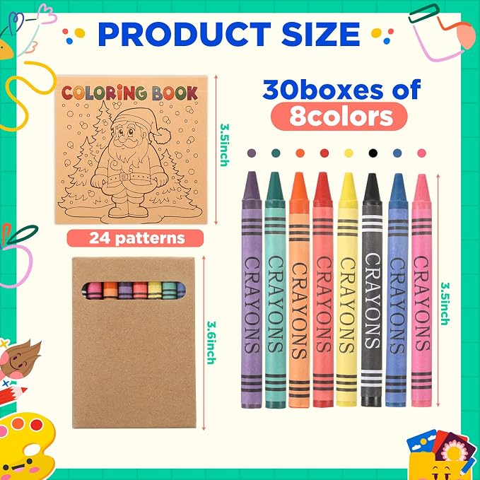 30 Sets 24 Pages Christmas Mini Coloring Books with 8 Colors Crayons Bulk, Christmas Goodie Bag Stocking Stuffers for Party Favors Activities DIY Craft Gift