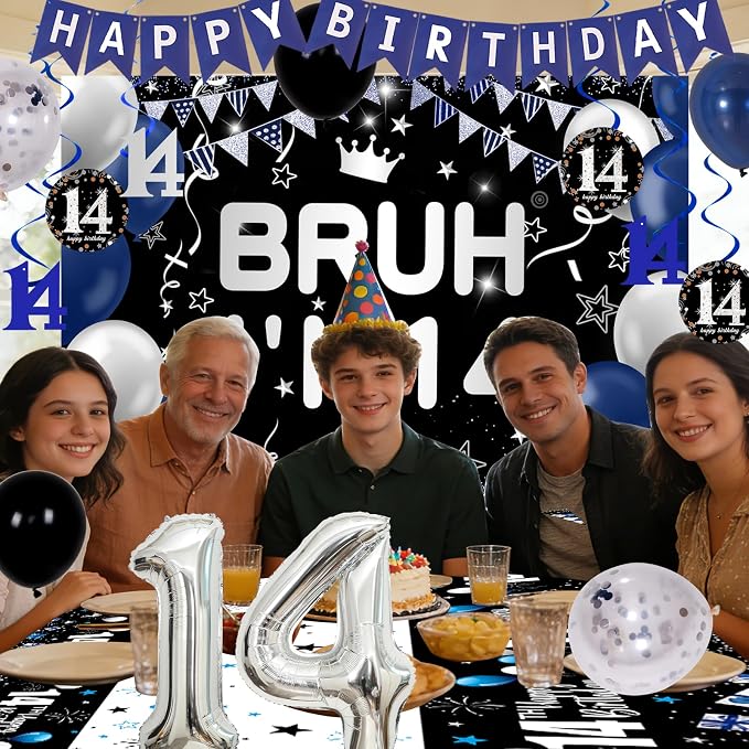 14th Birthday Decorations for Boys Girls, 54 PCS Blue Black Party Decor, 14 Year Old Boy Birthday Party Supplie with Banner Backdrop, Hanging Swirls, Tablecloth, Bruh Its My Birthday Decorations
