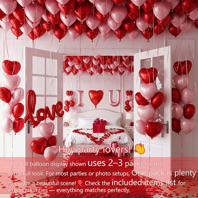 I Love You Balloons Red and pink romantic balloon kit with and pink heart Red LOVE mylar balloons Red rose petals for hotel Decorations Valentines Party wedding anniversary supplies