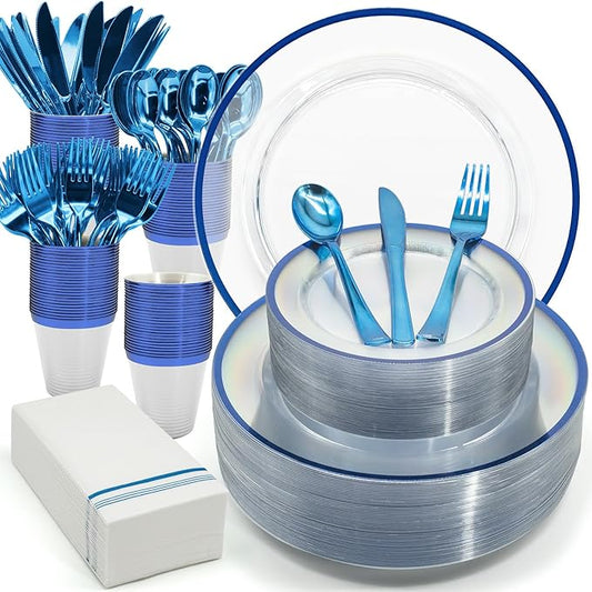 AIRE 175PCS Blue Plastic Plates for Party Supplies Dinnerware Sets for 25 Guests, Disposable Plastic Party Plates Cups Spoons Forks Knives Napkins for Birthday Wedding BBQ Christmas Parties, Blue