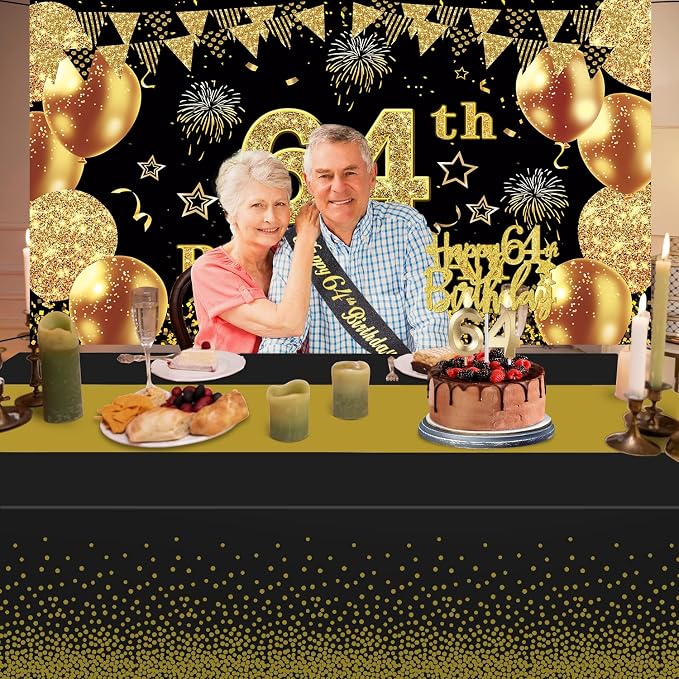 64th Birthday Decorations Men Women with 64th Birthday Banner, Black and Gold Table Cloth, Number Balloons, Large Sash, Cake Topper and Candles