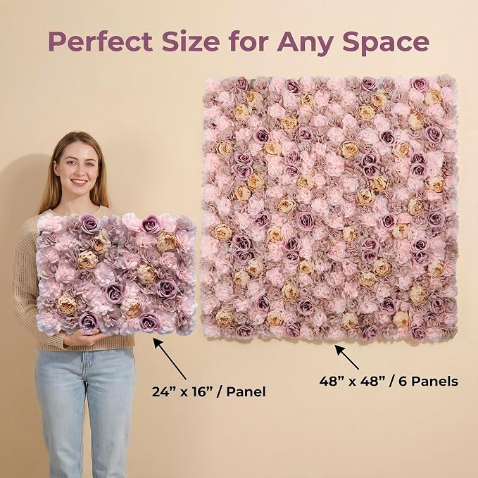 3D Flower Wall Backdrop 6 Pack, 24x16 Inch Coffee & Pink Artificial Rose Panels for Wedding, Party, Photo Studio, Home & Fence Decor
