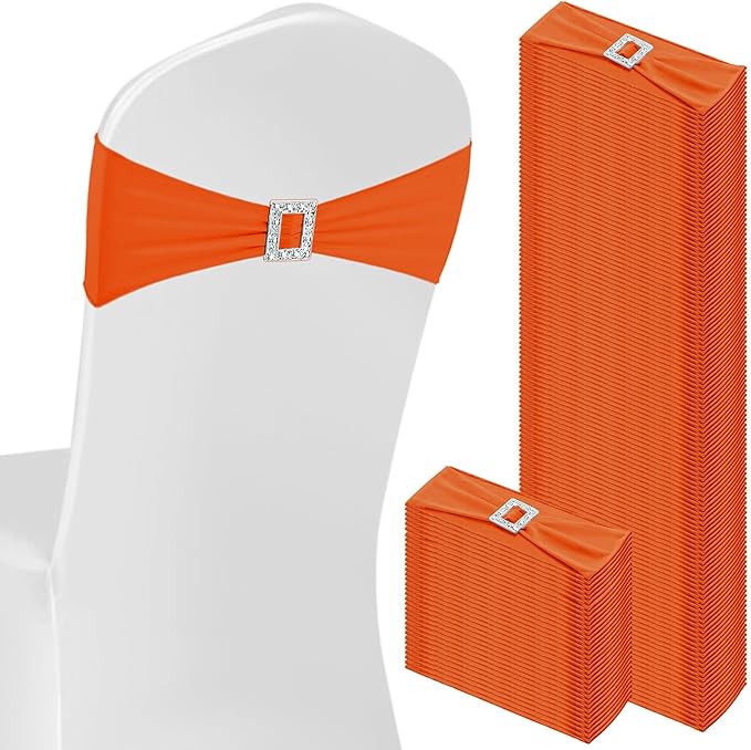 VitalCozy 100 Pcs Spandex Chair Sashes with Square Buckle Slider Stretch Chair Cover Band Universal Elastic Ties Straps Bows for Wedding Banquet Event Party Decoration(Orange)