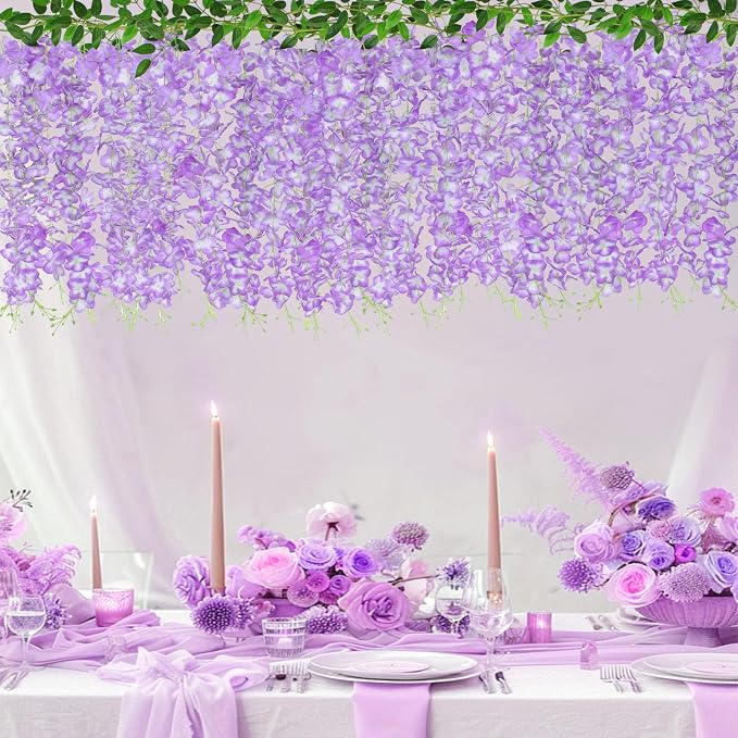 ZINHO 60 Branches Wisteria Hanging Flowers, Artificial Wisteria Flowers Garland for Wedding Arch Ceremony Party Garden Home Backdrop Decor (Purple White)