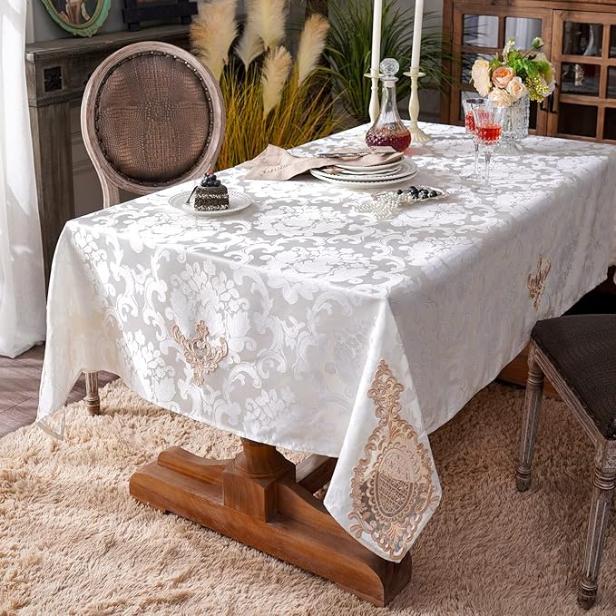 ARTABLE Jacquard Lace Tablecloth Rectangle Fabric Embroidery Table Cloth Vintage Farmhouse Rustic Table Cover for Home Kitchen Wedding Outdoor Indoor Party Decor (Cream, 52 x 70 Inch)