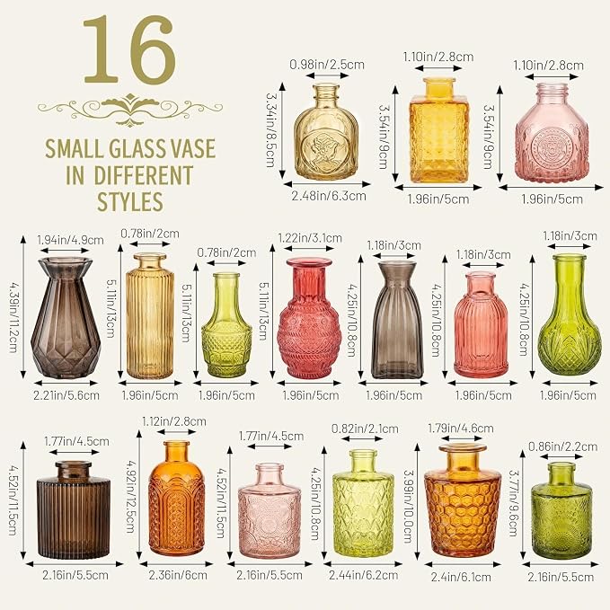 32 PCS Assorted Vintage Bud Vases, Colorful Glass Small Vases Bulk, for Centerpieces, Wedding Table Decor, Home Decorations & Gifts (Amber Series)