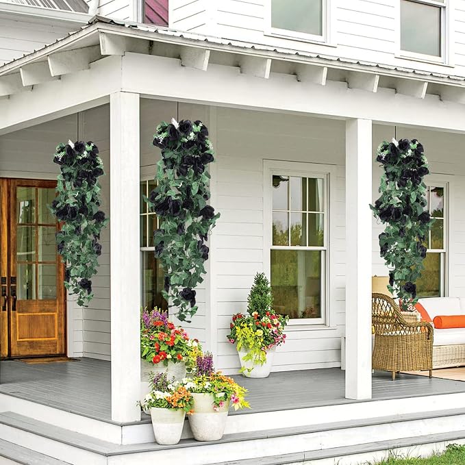 RECUTMS Artificial Black Rose Hanging Flowers Plants, 2PCS 37 Inches Fake Floral Halloween Garlands for Home Front Porch Garden Wedding Backdrop Wall Hanging Victorian Indoor Outdoor Party Decor