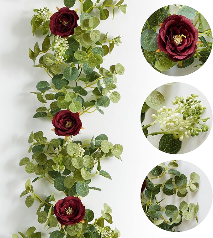 PARTY JOY 6.5 ft Eucalyptus Garland with Flowers, Floral Greenery for Party Wedding Table Indoor Outdoor Backdrop Wall Decor (Red,1)
