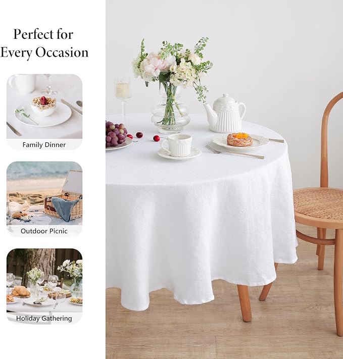 Linen World Linen Tablecloth,100% French Linen Round Tablecloth 90" Inch,Washable White Tablecloth for Dining,Outdoor,Weddings and Restaurants,Decorative Thanksgiving Christmas