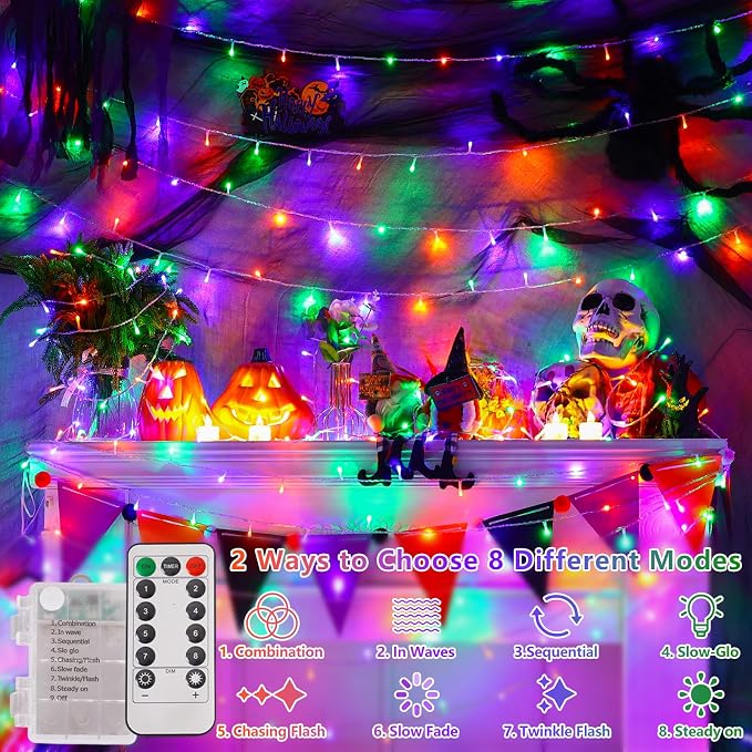 YEGUO Battery Operated Halloween Lights, 2 Pack Each 33ft 100 LED Orange Purple and Green String Lights Outdoor Waterproof, 8 Modes Clear Wire Christmas Twinkle Lights Indoor with Remote