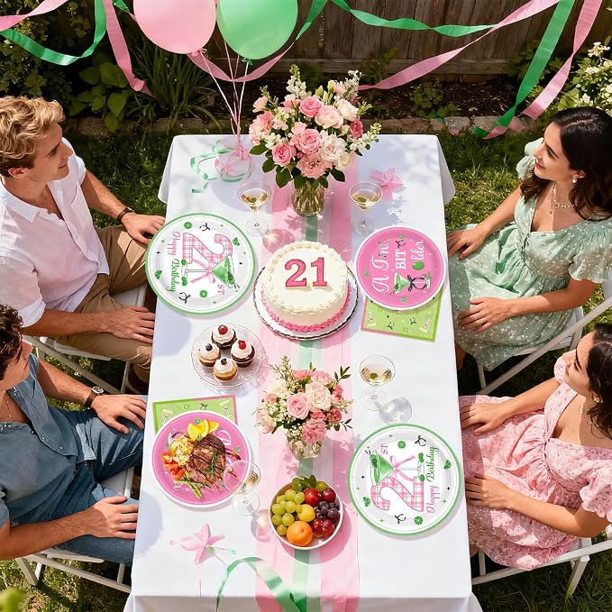 96Pcs Matini 21st Birthday Party Decorations, Serves 24 | A Tini Bit Older Plates and Napkins Pink Green Tableware Set for 21 Years Old Women Girls Birthday Martini Party Supplies