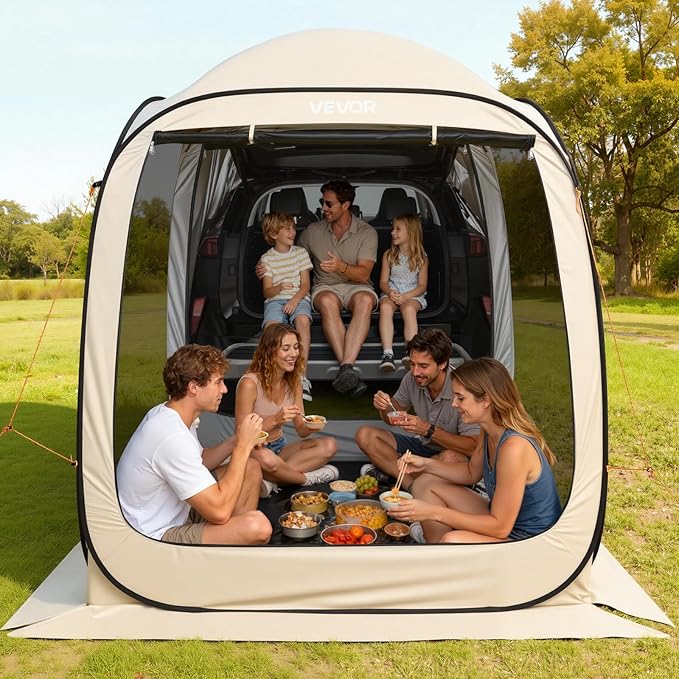 VEVOR SUV Tailgate Tent, 6 x 6 ft Pop-Up Screen House Canopy for 4–6 Person, Portable Screened Shelter with Carry Bag, for Car Camping, Backyard, Patio, Outdoor Activities