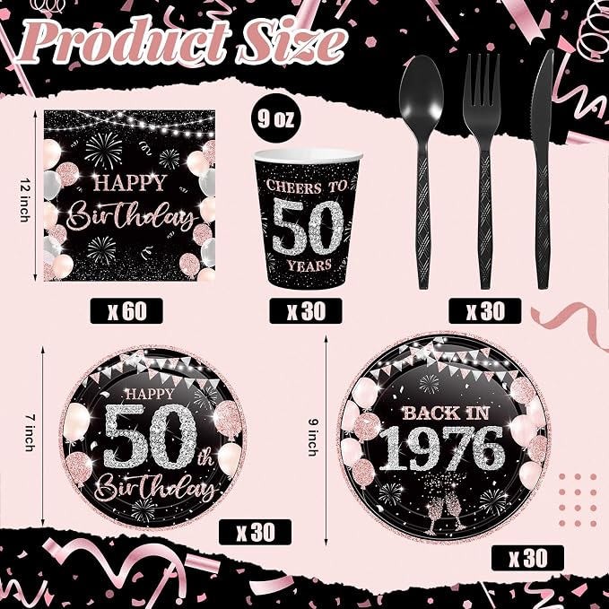 240 Pcs 50th Birthday Decorations 1976 Birthday Party Tableware Include Plates Napkins 9oz Cups Cutlery 50th Anniversary Party Supplies for Men Women Him Her, Serve 30 Guests (Black Pink)