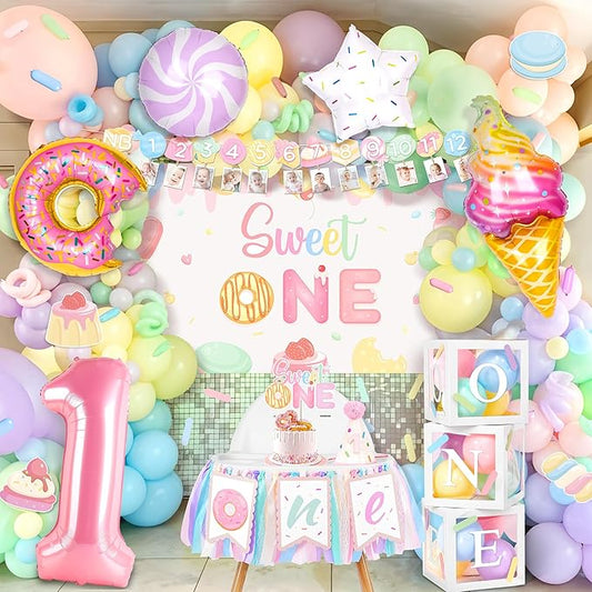 Kriyokiaa 1st Birthday Decorations for Girl 150 Pcs Sweet One Birthday Party Decorations with Balloon Garland, Backdrop, Balloon Boxes,Highchair Banner,Photo Banner