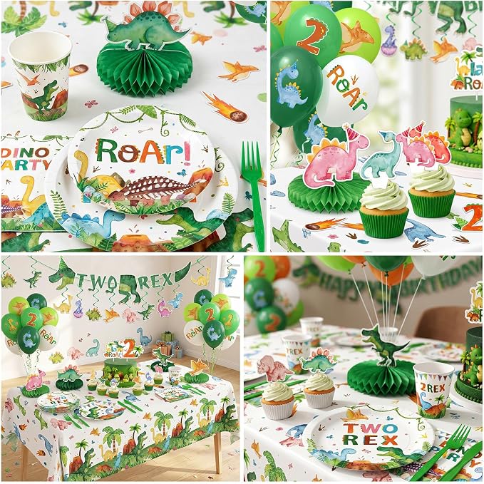 210 Pcs 2nd Dinosaur Birthday Party Decorations Serves 24 ，Two-Rex Theme Dino Roar Party Supplies with Banner Hanging Plates Napkins Cups Forks Knives Tablecloth Topper Balloons for Boy Party