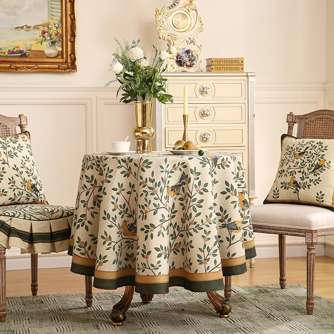 patdrea Designer French Linen Tablecloth,Round,Diameter 55"-Warbler A | Vintage Table Cloth for Round Table,Yellow and Green Floral Pattern,Dining Room Tea Party Thanksgiving Decor