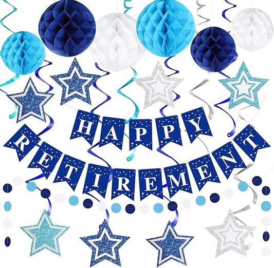 Happy Retirement Party Decorations for Men Women Blue Silver Happy Retirement Banner Honeycomb Balls Pentagram Hanging Swirl Streamers Circle Dots Garland