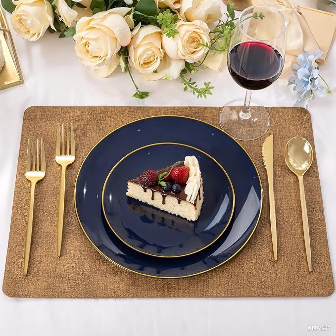 bUCLA 100PCS Blue Plastic Plates - Navy Blue Disposable with Gold Rim, Include 50 Each (10 inch Dinner & 7 inch Dessert) Plates, Ideal for Party & 4th of July