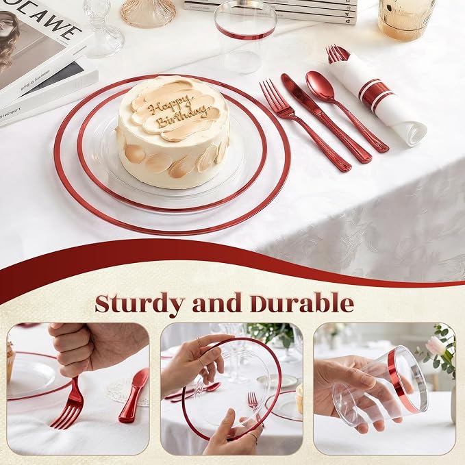 175pcs Plastic Plates for Party Clear & Red | Disposable Plastic Dinnerware Set for 25 Guests Include 50 Plastic Plates,25 Cups & 25 Pre Rolled Napkins with Cutlery Set