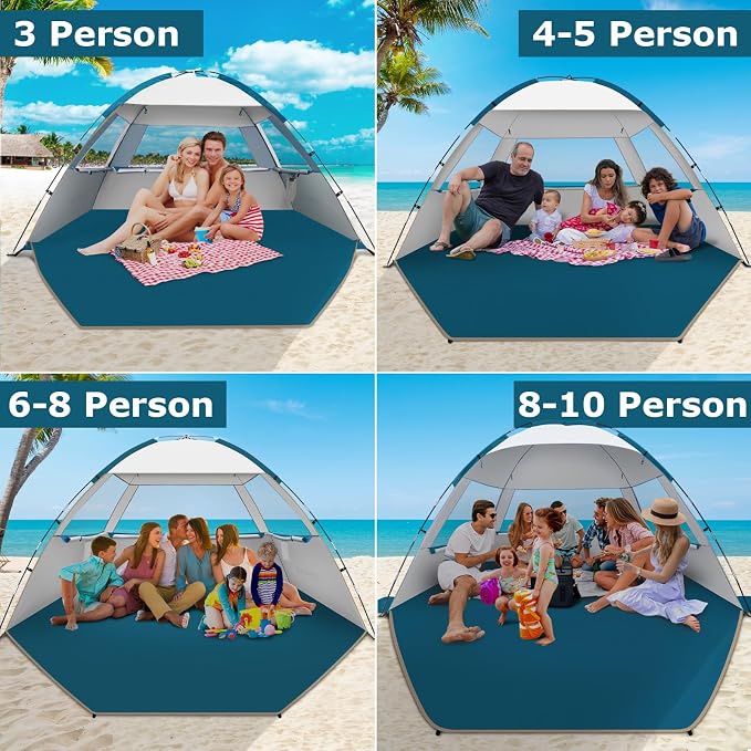 COMMOUDS Beach Tent Sun Shelter for 3/4/6/8 Person, UPF 50+ UV Protection Beach Shade Canopy Tent, Lightweight, Easy Set Up and Carry