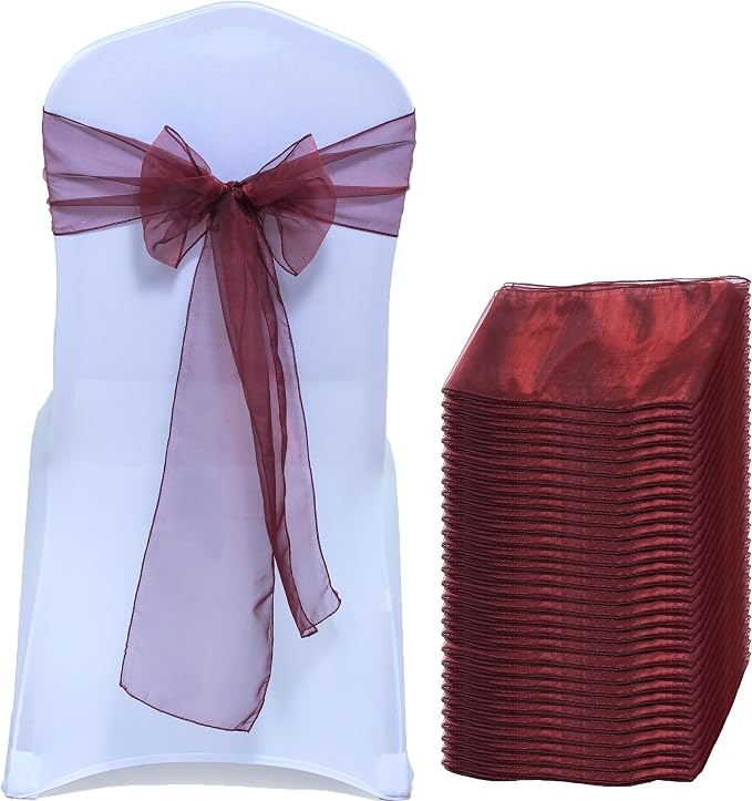 MDS® Pack of 125 Organza Chair Sashes for Wedding Decoration, Reusable Sheer Chair Bows for Banquet Chair Cover, Reception, Bridal Shower, Baby Shower, Birthday Party & Special Events - Burgundy