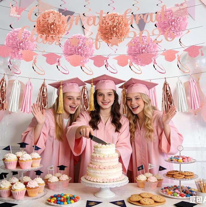 Rakuto Pink Graduation Decorations 2026, 32PCS Congrats Grad Class of 2026 Glitter Banners with Hanging Swirls Party Decorations, Congratulations Grad Paper Pom Poms and Tassel Garland Decor