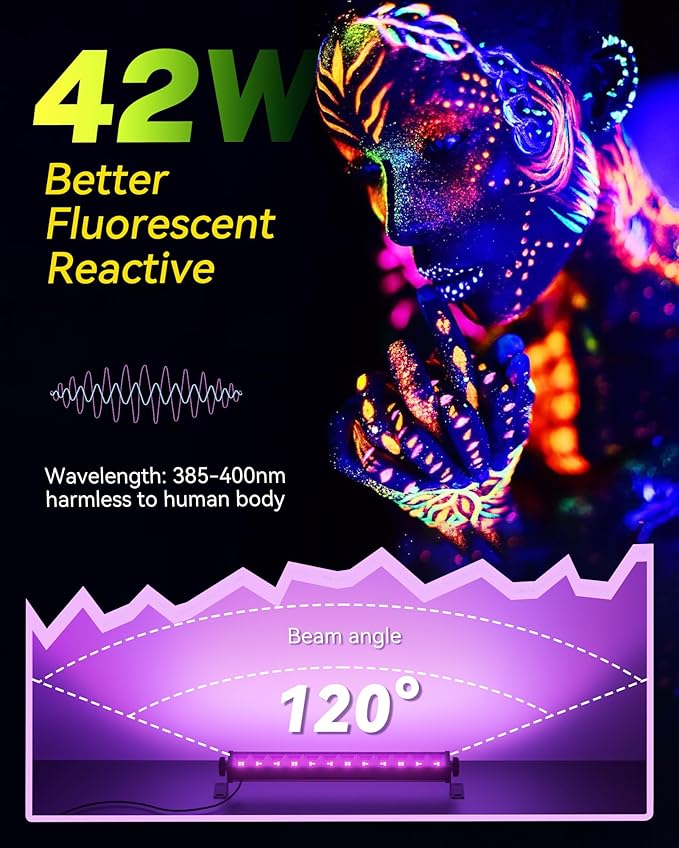 42W LED Black Light Bar, Blacklight with 6FT Cord+Switch+Plug, Glow in The Dark Black Lights Party Supplies for Halloween Decorations, Fluorescent Poster, Body Paint, Classroom, Bedroom
