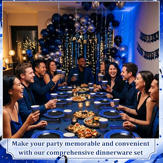 400 Pcs Black and Blue Birthday Party Decoration for 50, Blue Black Paper Plates Napkins Cups Tablecloth Cutlery Disposable Tableware Set for Police Bachelor Birthday Party Supplies