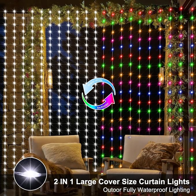 echosari 20Ft x 10Ft Large Curtain Lights Plug in, 600 LED Dual Color Changing Outdoor Curtain Lights Waterproof Connectable with Remote for Wedding Backdrop Yard Decor (Cool White & Multicolor)