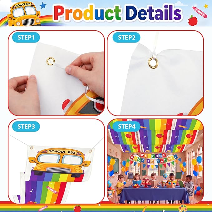 Feifeiya 3 Pcs 36 ft Rainbow Back to School Hanging Ceiling Decor Rainbow Cloud and Bus Ceiling Banner Hanging Bunting for Back to School VBS Birthday Party