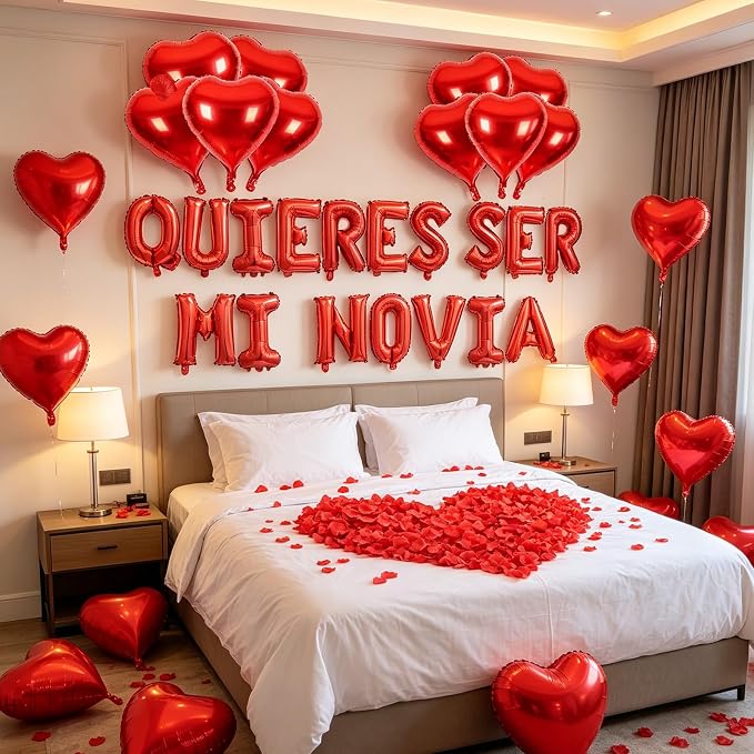 2 Set Red QUIERES SER MI NOVIA Balloons - 1200pcs Red Artificial Rose Petals 34pcs 16" Letter Balloon 10pcs 18" Heart Balloons Alphabet Foil Mylar Balloon for Valentines Day Decorations