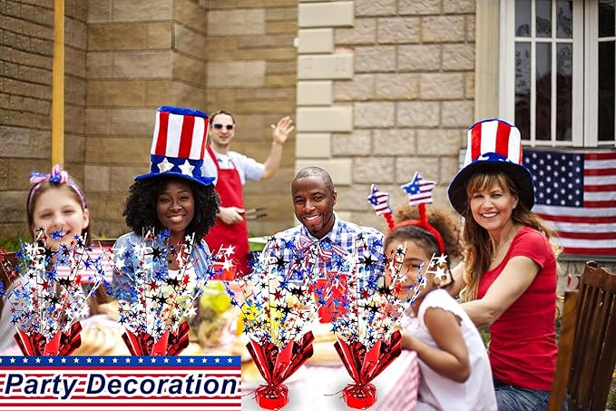 FUBININA 6 Pack 4th of July Table Centerpiece Decoration Metallic Foil Spray Star Burst Patriotic Decor 250th Anniversary Independence Day Labor Veteran Memorial Day Party Supplies, Red White and Blue