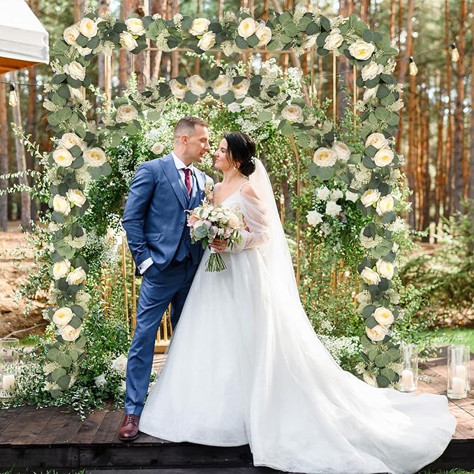 2 Packs Eucalyptus Garland with Flowers, 6.56ft Artificial Flower Greenery Garlands Natural Looking, Floral Garland Rose Vines for Party Wedding Table Backdrop Wall Decor