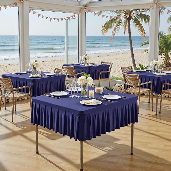 Wish Care Navy Blue Spandex Tablecloths for 54x54 Inch Square Tables, Stretch Fitted Table Clothes with Pleated Ruffle Skirt for 54” Table, Wrinkle Free and Elastic, for Party Kitchen Home Dining