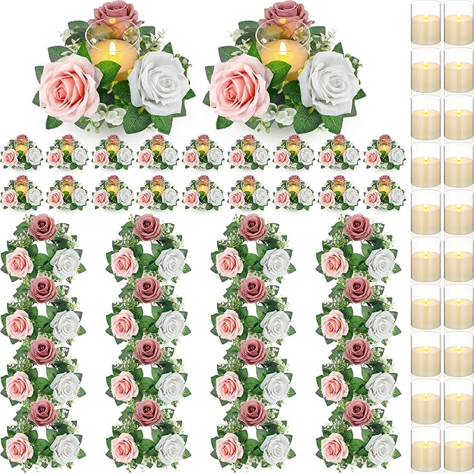 Yunlly 20 Pcs Rose Candle Rings with Flameless Candles Sets, Artificial Flower Eucalyptus Wedding Centerpiece 3 Inch Pillar Candleholders Wreaths for Wedding Party Mother's Day (Pink,White)