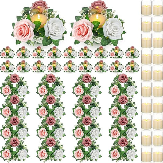 Yunlly 20 Pcs Rose Candle Rings with Flameless Candles Sets, Artificial Flower Eucalyptus Wedding Centerpiece 3 Inch Pillar Candleholders Wreaths for Wedding Party Mother's Day (Pink,White)