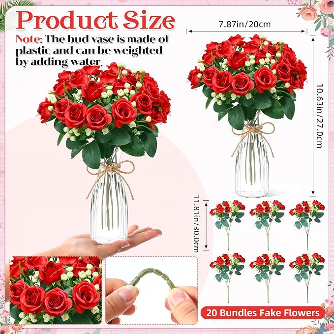 Zeyune 31 Pcs Rose Artificial Flowers with Vase Bulk for Table Centerpiece, 20 Bundles Fake Silk Roses 10 Plastic Clear Vase with 1 Pcs Rope Arrangement Decoration Wedding Home Party (Rose Red)