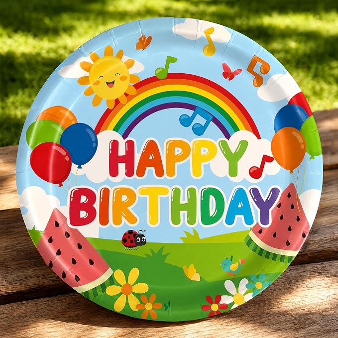 120PCS Cartoon Melon Birthday Party Supplies for Boys and Girls 1st 2rd Birthday Party School Bus Rainbow Watermelon Tableware Set Napkin Cups Forks Knives for 20 Guests