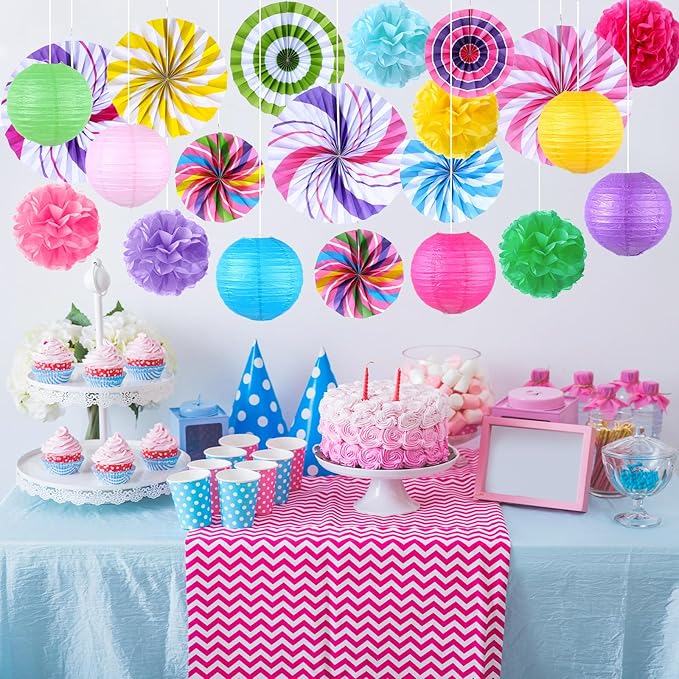 Outus Hanging Decorations Candy Party Paper Fans Lollipop Tissue Pom Poms Colorful Candy Themed Paper Lanterns for Candyland Party Supplies Classroom Ceiling Wall Decor