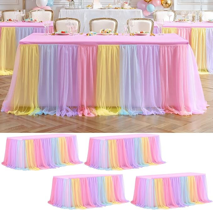 4 Pack Rainbow Tablecloths with Tulle Table Skirt for 6 Foot Rectangle Tables, Party Ruffle Tutu Table Skirt Stretch Fitted Covers for Wedding Reception Birthday Baby Shower Celebration Banquet Event